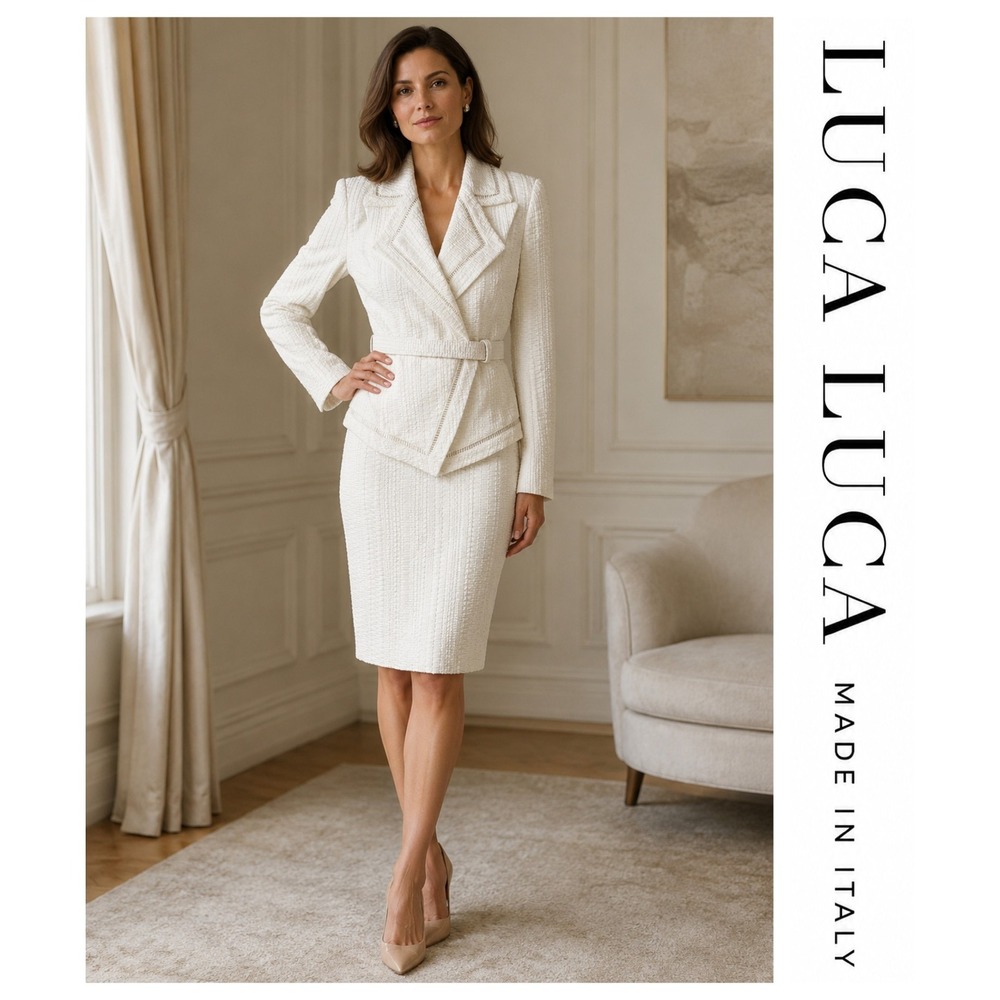 LUCA LUCA Made in Italy Ivory Belted Skirt Suit Silk Lined Quiet Luxury EU 40
